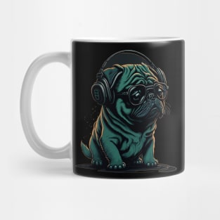 Pug wearing Headphones. Animal Pet  Dog Puppy Mug